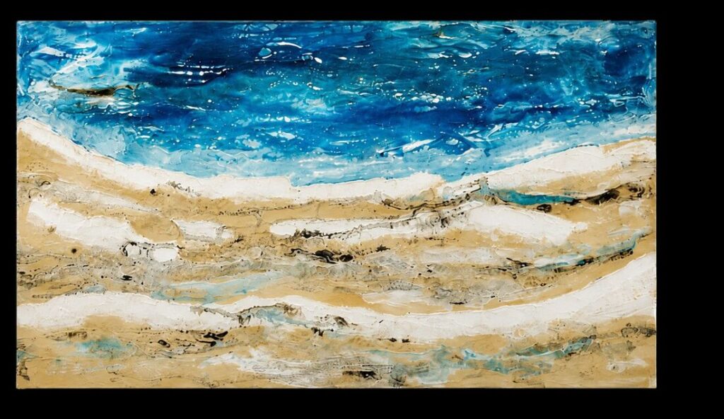 Cuadro abstracto Límites de Adriana Fernández, con textura de pintura asfáltica y acrílico
